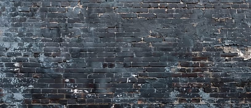 Wide angle shot of an aged black brick wall with peeling paint and scattered flaking, ideal for backgrounds