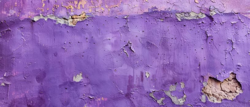 A panoramic view of a textured purple wall, with peeling paint and weathering that tells a story of age and exposure