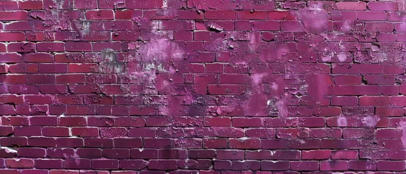 A dilapidated magenta-colored brick wall with extensive cracking, chipping and peeling, portraying a gritty, distressed urban aesthetic