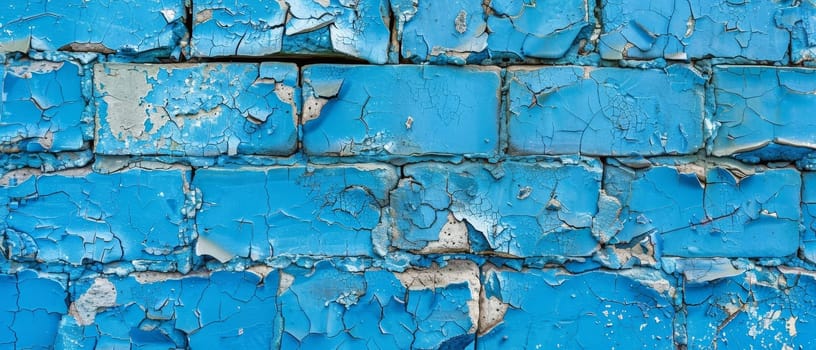 A heavily distressed sky blue brick wall exhibiting extensive cracking, chipping and peeling of paint layers, creating an abstract, textured surface