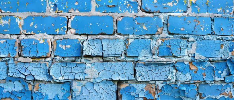 A heavily distressed sky blue brick wall exhibiting extensive cracking, chipping and peeling of paint layers, creating an abstract, textured surface
