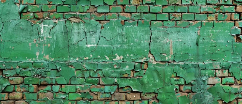 Weathered green bricks with peeling paint and cracks, revealing the texture and age of an old wall or building exterior