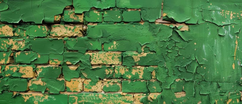 Weathered green bricks with peeling paint and cracks, revealing the texture and age of an old wall or building exterior