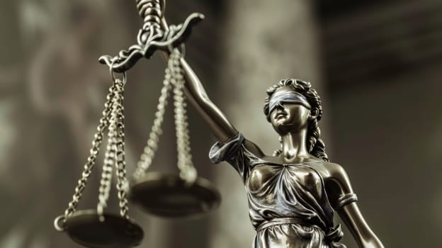 A bronze statue of Lady Justice, blindfolded and holding the scales of justice in one hand, symbolizing fairness, impartiality, and the rule of law. The scales represent the weighing of evidence and arguments in legal proceedings.