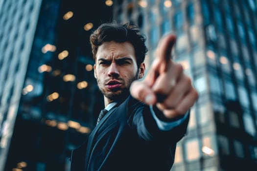 A man in a formal suit is pointing towards a specific direction, engaging with the viewer or indicating an important object or concept. He appears focused and determined in his actions, possibly giving instructions or drawing attention to something significant.