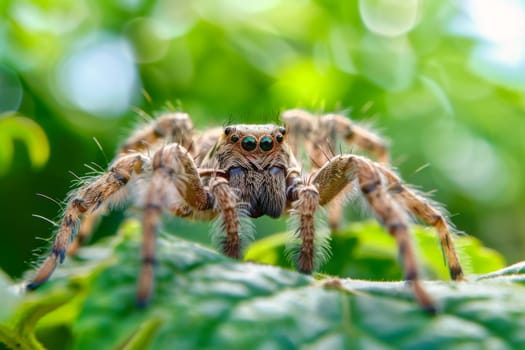 A close-up view of a spider moving slowly on a vibrant green leaf, showcasing its intricate body structure and delicate movements in its natural habitat.