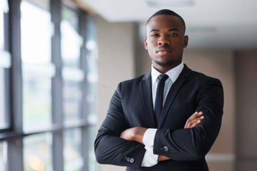 A man dressed in a suit standing with his arms crossed in a confident posture. His facial expression is serious and focused, exuding professionalism and authority.