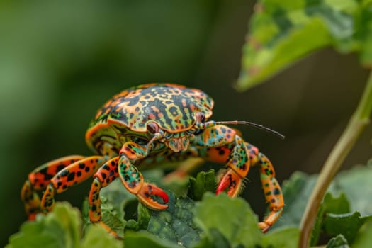 A strikingly colorful spider is seen up close on a plant, showcasing its intricate patterns and vibrant hues. The spider appears to be hunting, with its eight legs and multiple eyes focused intently on its surroundings.