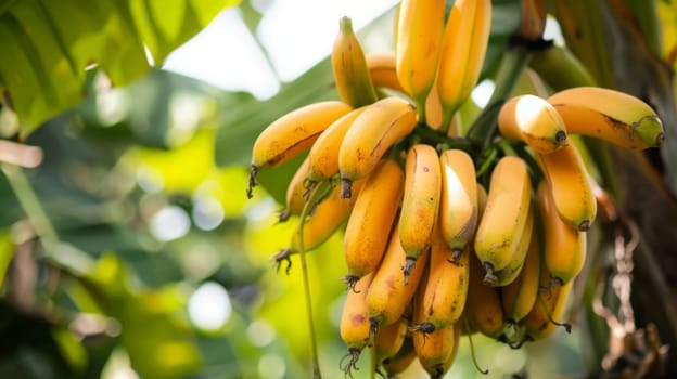 A cluster of ripe yellow bananas hanging from a tree in a tropical setting. The bananas are bunched together in a natural formation, attached to the tree by their stems.