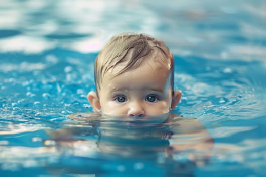 A young child is joyfully swimming in a pool of clear blue water, splashing and kicking their legs. The childs arms are propelling them forward as they practice their swimming skills in the safe environment of the pool.