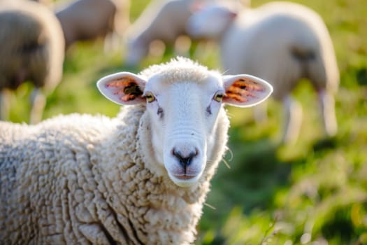 A herd of sheep stands scattered across a vast, green field, nibbling on the luscious grass. The sheep are peacefully grazing, with some resting under the clear blue sky.