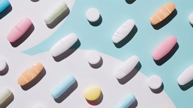 A collection of pills of various shapes and colors is arranged neatly on top of a wooden table, with some capsules and tablets scattered around. The pills appear to be arranged in a deliberate pattern, creating a visual display of pharmaceutical medication.