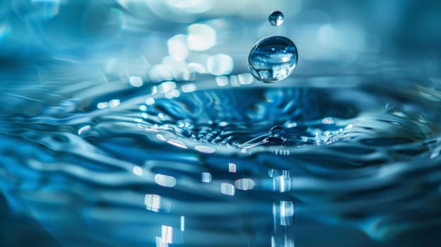 A clear drop of water is shown in the moment it breaks the waters surface, causing ripples and splashes as it merges with the body of water.