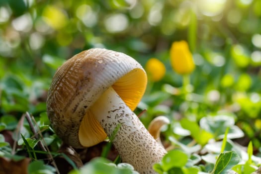 A detailed view of a mushroom growing among blades of grass, showcasing its unique shape, texture, and color against the green background of the grass.