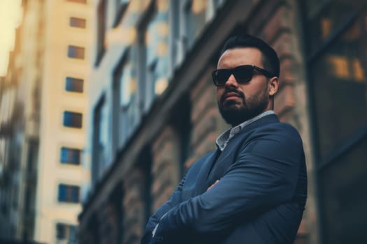 A man wearing sunglasses stands confidently in front of a towering building, casting a striking silhouette against the sky. The skyscraper looms tall behind him, emphasizing the contrast in scale between the man and the urban structure.