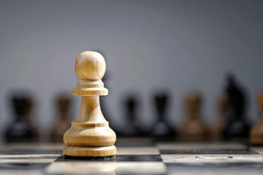 This close-up shot captures a chess board with different pieces strategically placed on the squares. The black and white pieces represent opposing sides, each poised for strategic maneuvers in the game.