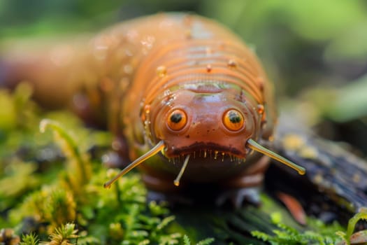 A detailed view of a grasshopper perched on the ground, showcasing its intricate body structure and coloration. The grasshopper is stationary, with its large hind legs and antennae clearly visible.