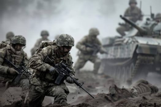 A group of soldiers in military uniforms are seen sprinting through a muddy field, their faces determined and focused. The scene is intense, with splashes of mud flying as they run towards their objective.