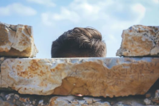 A close-up view of a persons head peering out from behind a rugged stone wall. The individuals features are partially obscured by the weathered stone, creating a sense of mystery and curiosity.