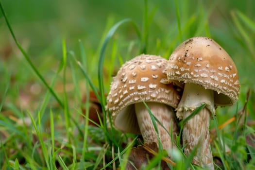A couple of mushrooms, one tall and slim, the other short and round, are growing in a patch of grass. The mushrooms stand out against the greenery of the grass, showcasing their unique shapes and sizes.