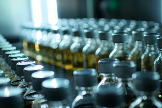 A variety of bottles, ranging from glass to plastic, are neatly arranged on a wooden table. The bottles are of different shapes and sizes, creating an interesting display.