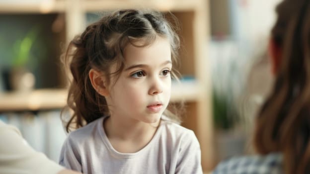 A young girl is seated at a table, engaged in conversation with an adult woman. Both seem to be focused on their discussion, possibly sharing stories or information. The girl appears attentive, while the woman is listening intently. The setting suggests a comfortable and familiar environment.
