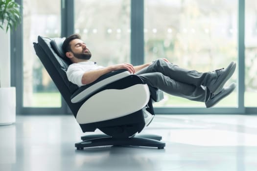 A man is seated in a chair with his feet lifted up and resting on a nearby surface. He appears relaxed and comfortable, leaning back slightly.