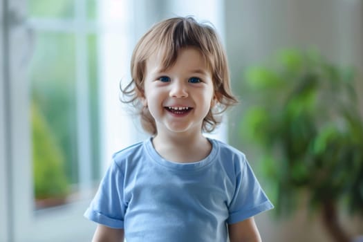 A young girl with a joyful expression on her face smiles directly at the camera, exuding happiness and innocence. Her bright eyes and big smile capture the viewers attention.