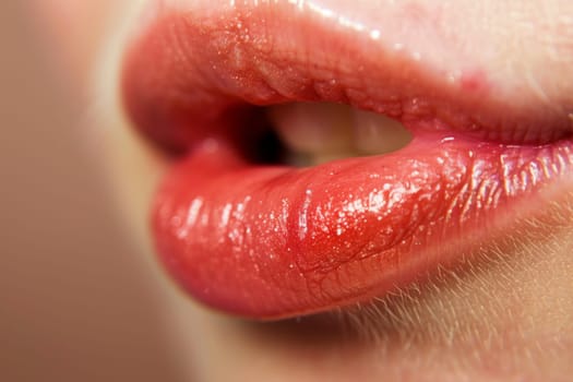 A close-up view of a womans lips painted with vibrant red lipstick. The lips are well-defined and stand out against the background, showcasing the glossy texture of the lipstick.