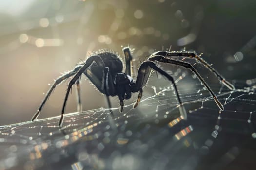 Detailed view of a spider as it sits on its web, showcasing intricate patterns and delicate silk strands. The spider appears focused, possibly waiting for prey to approach.