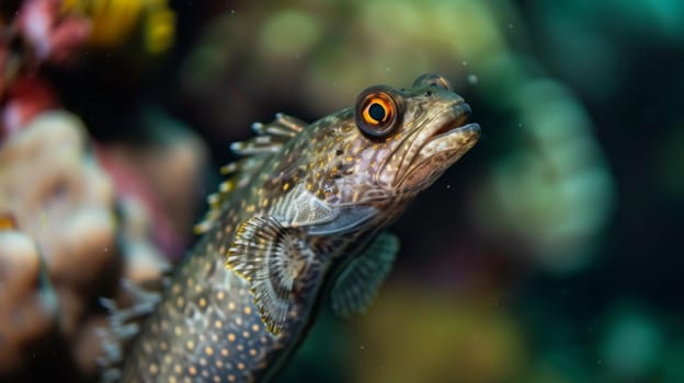 A close-up view of a fish swimming in a tank, showing vibrant colors and intricate details of its scales and fins. The fish is gracefully moving through the water, displaying its natural habitat in captivity.