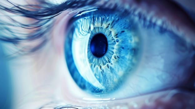 The image shows a detailed view of a human eye, with a striking blue iris and intricate patterns of the pupil and eyelashes.