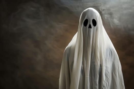 A ghost with two eyes and a long white cloak is depicted in the image. The ghost is floating, looking eerie with its white cloak billowing around it.
