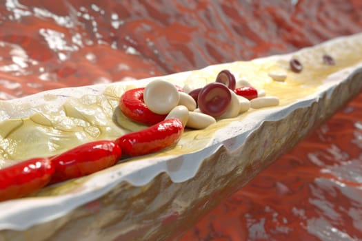 A hot dog with toppings such as ketchup, mustard, onions, and relish on a soft bun, ready to be eaten for a tasty meal or snack at a casual dining setting.