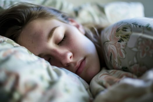 A young woman is peacefully sleeping in a bed, with her eyes closed and body relaxed. The room is dimly lit, creating a cozy atmosphere.