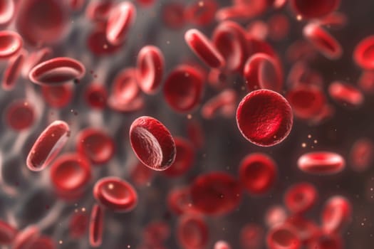 This image shows red blood cells moving through a vein, transporting oxygen and nutrients throughout the body. The cells are small and round, navigating through the narrow passageway of the vein.