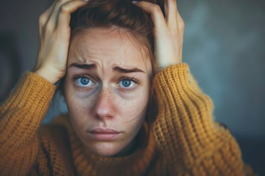 A woman with striking blue eyes is seen holding her head in distress or deep thought. Her facial expression conveys a sense of contemplation or concern, emphasizing the emotional aspect of the moment.