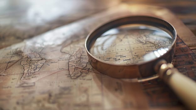 A magnifying glass is placed on top of a map, highlighting a specific area for closer inspection. The map appears to be detailed and possibly showing geographical features or locations. The magnifying glass signifies a need for detailed examination or exploration of the map.