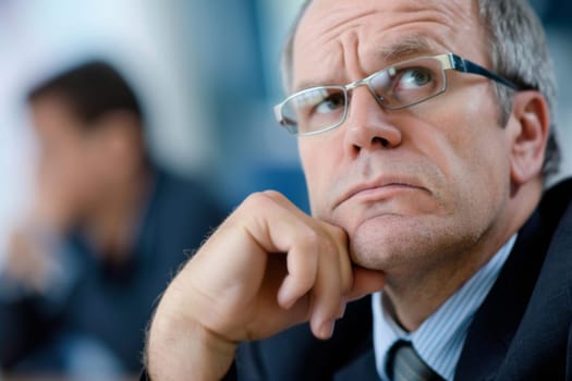 A man dressed in a formal suit and tie is seated at a wooden table, appearing engaged in work or conversation. The setting suggests a professional or corporate environment.