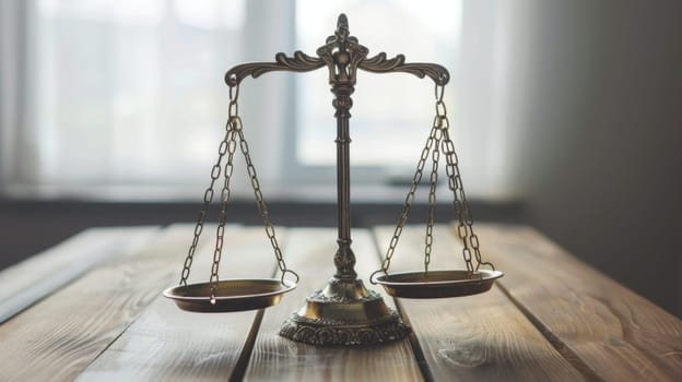 A wooden table is shown with a metal scale placed on top of it. The scale appears to be in working condition, with visible markings and a weighing platform. The table is plain and sturdy, providing a stable base for the scale.
