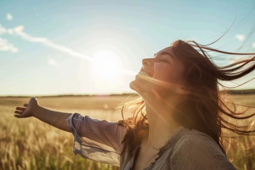 A woman standing in a vast field, her long hair being blown by the wind. She appears confident and connected to nature as she takes in the surroundings.