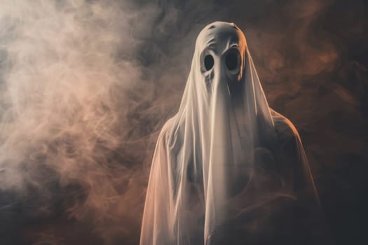 A ghostly figure is seen floating in a foggy sky, appearing ethereal and mysterious. The fog creates an eerie atmosphere, emphasizing the ghosts otherworldly presence.
