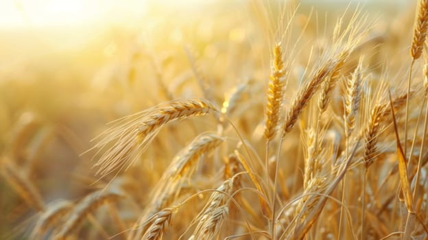 This close up shows a field of wheat with ripe golden stalks swaying in the wind. The sun highlights the texture of the wheat heads, creating a visually striking pattern.