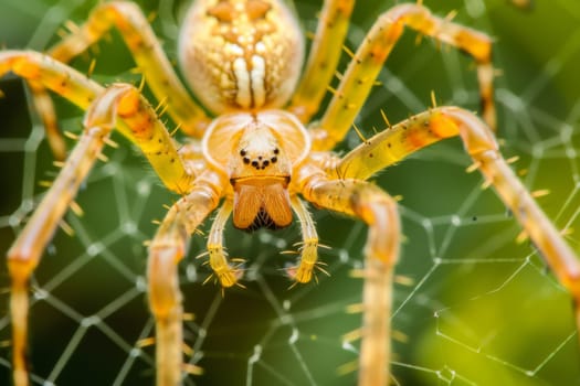 A close up view of a spider positioned on its intricate web, with delicate silk strands glistening in the light. The spider appears focused and ready to catch its prey.