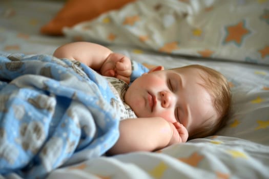 A baby is peacefully sleeping on a bed covered with a soft blanket. The tiny infant is curled up, resting peacefully in a deep slumber. The background is a simple bedroom setting with muted colors.