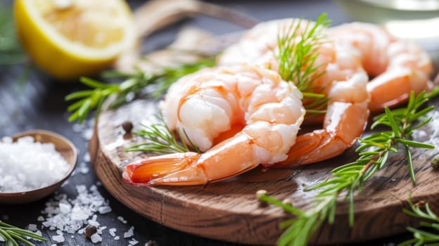 A close-up view of a plate filled with succulent shrimp sitting on a wooden table. The pink and orange hues of the shrimp contrast against the white plate.