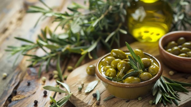 Two bowls filled with olives are placed neatly on a wooden cutting board. The olives are of varying colors, from dark purple to bright green. The cutting board has a rustic look, with visible grain and texture.