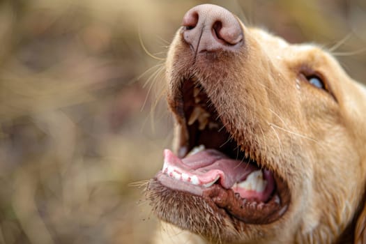 A detailed view of a dog with its mouth wide open, showing teeth and tongue. The dog appears alert and engaged, possibly in anticipation of a treat or toy. Its fur is visible, indicating a short-haired coat and a healthy appearance.