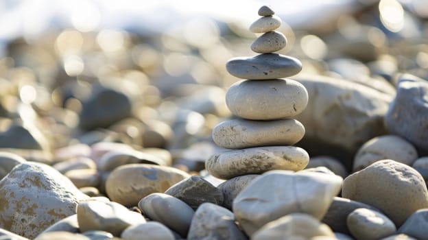 A collection of rocks piled on top of one another, forming a stack of various shapes and sizes. The rocks appear to be balancing precariously, creating a visually interesting arrangement.