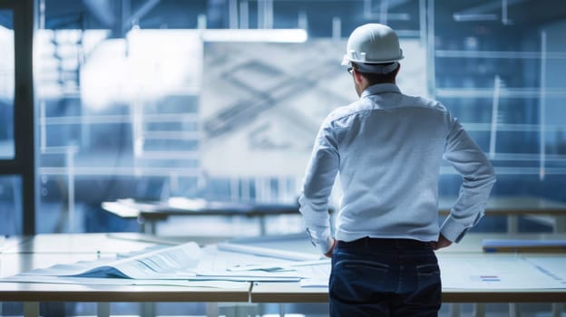 A man wearing a hard hat is standing near a window, gazing out at the view outside. His expression is focused as he observes the surroundings.
